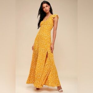 Lulus Fresh Picked Mustard Yellow Floral Print Backless Maxi Dress size small